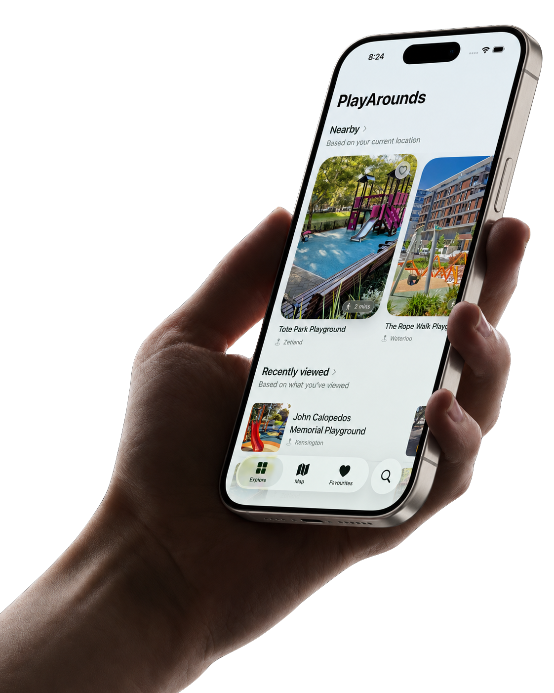 Hand holding a phone showing the PlayArounds app