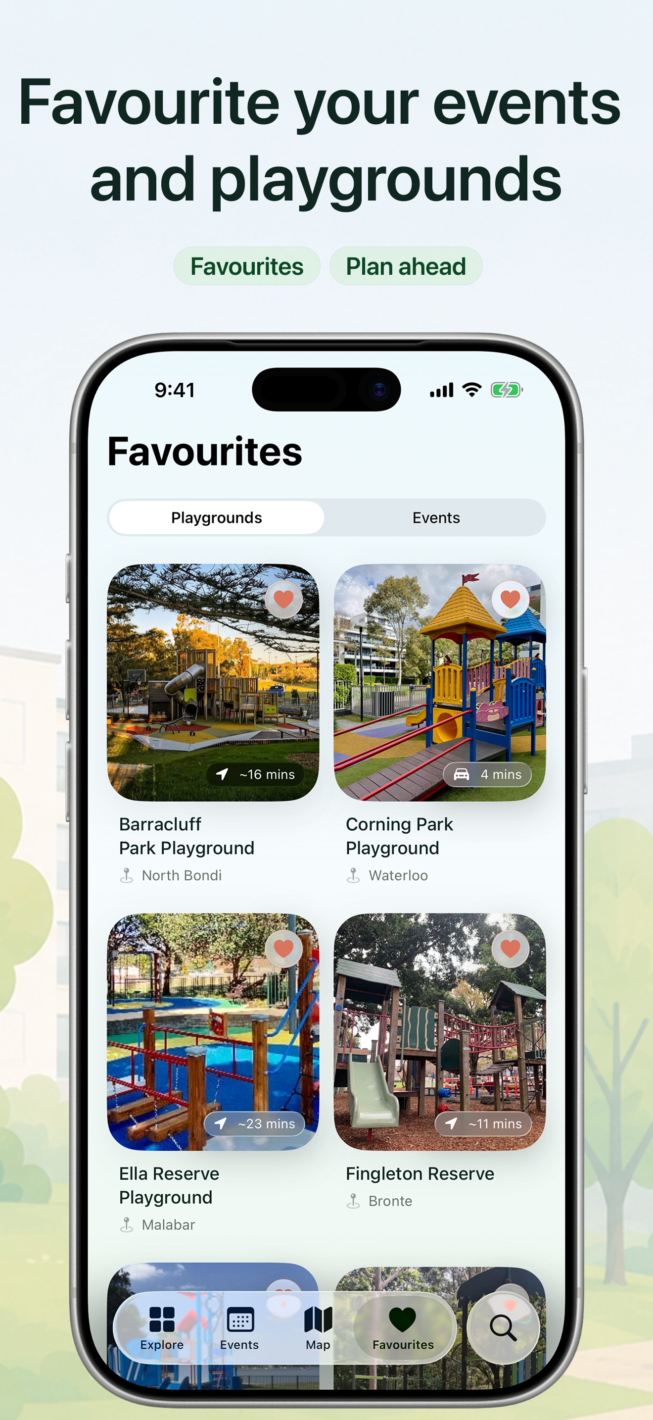 Favourites screen showing saved playgrounds and events