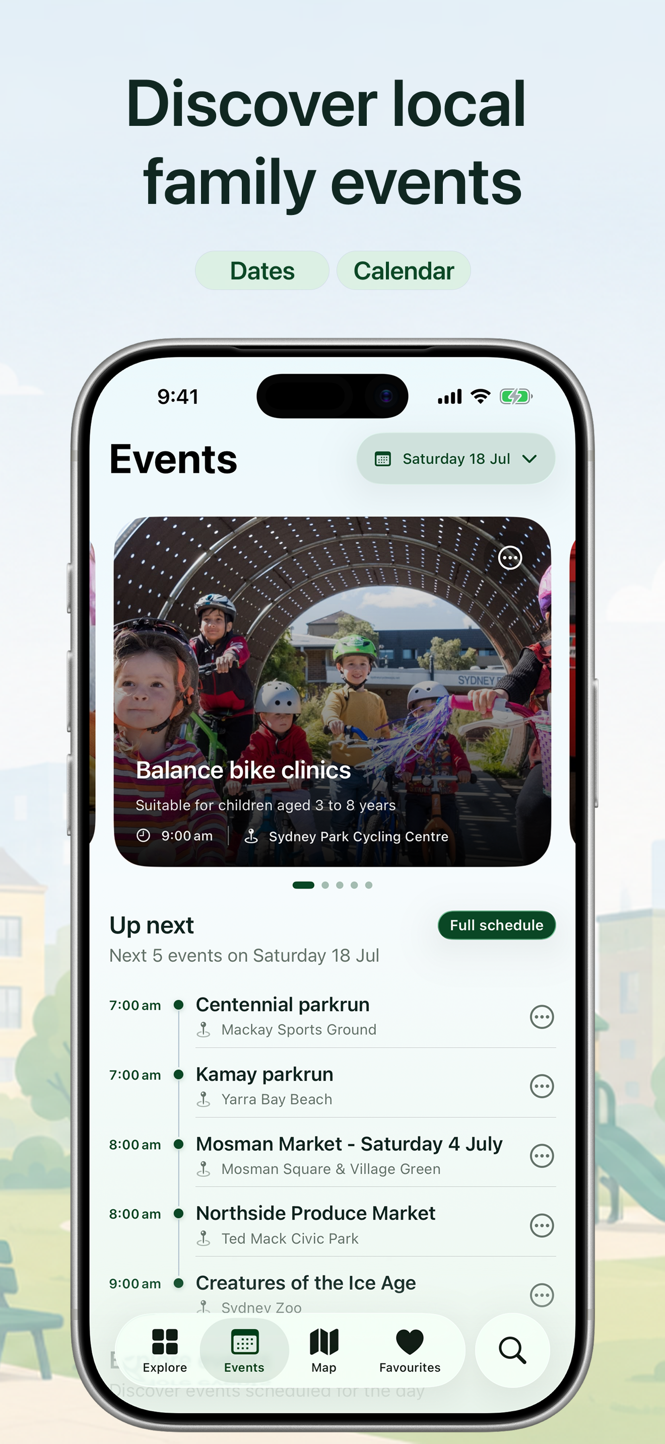 Events screen showing local family events grouped by date