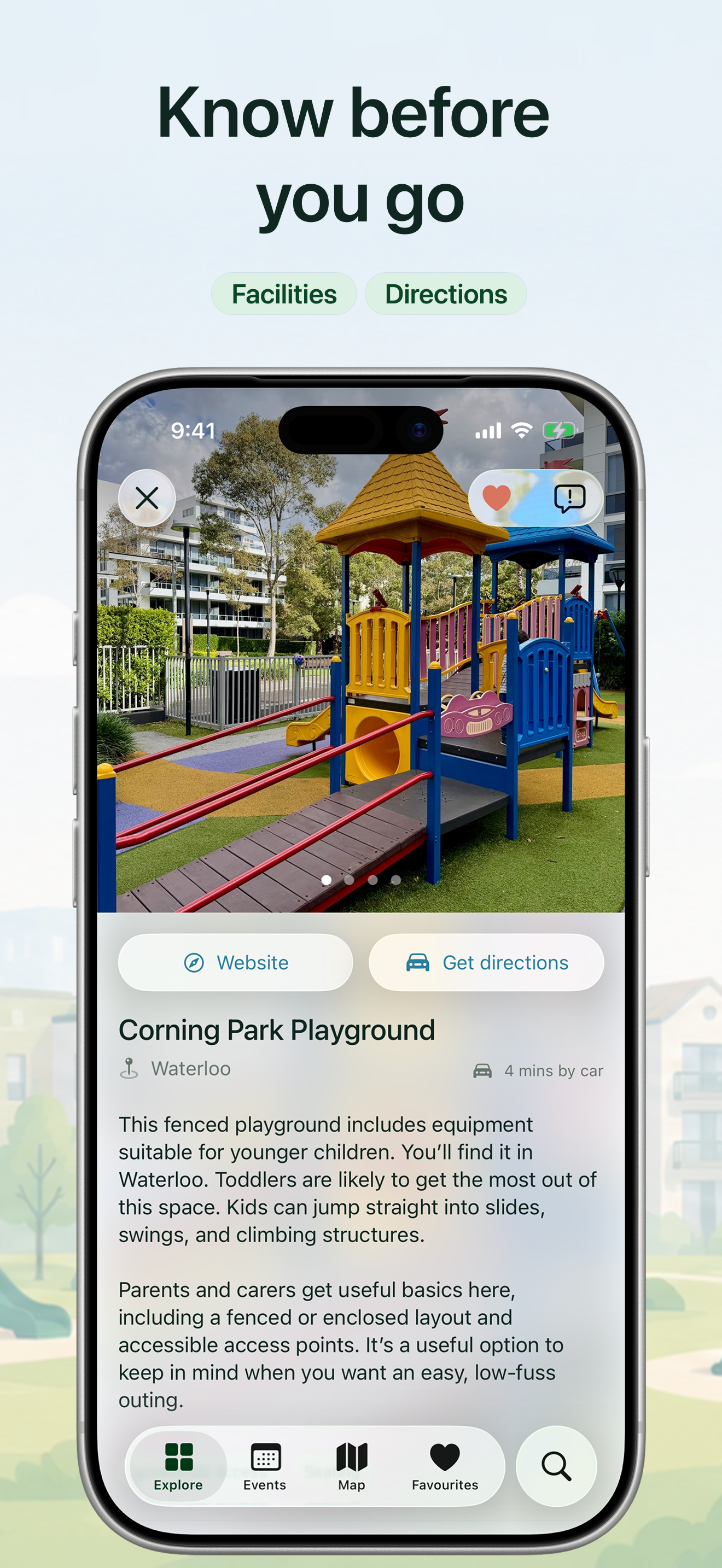 Playground detail screen with photos, practical information, website, and directions