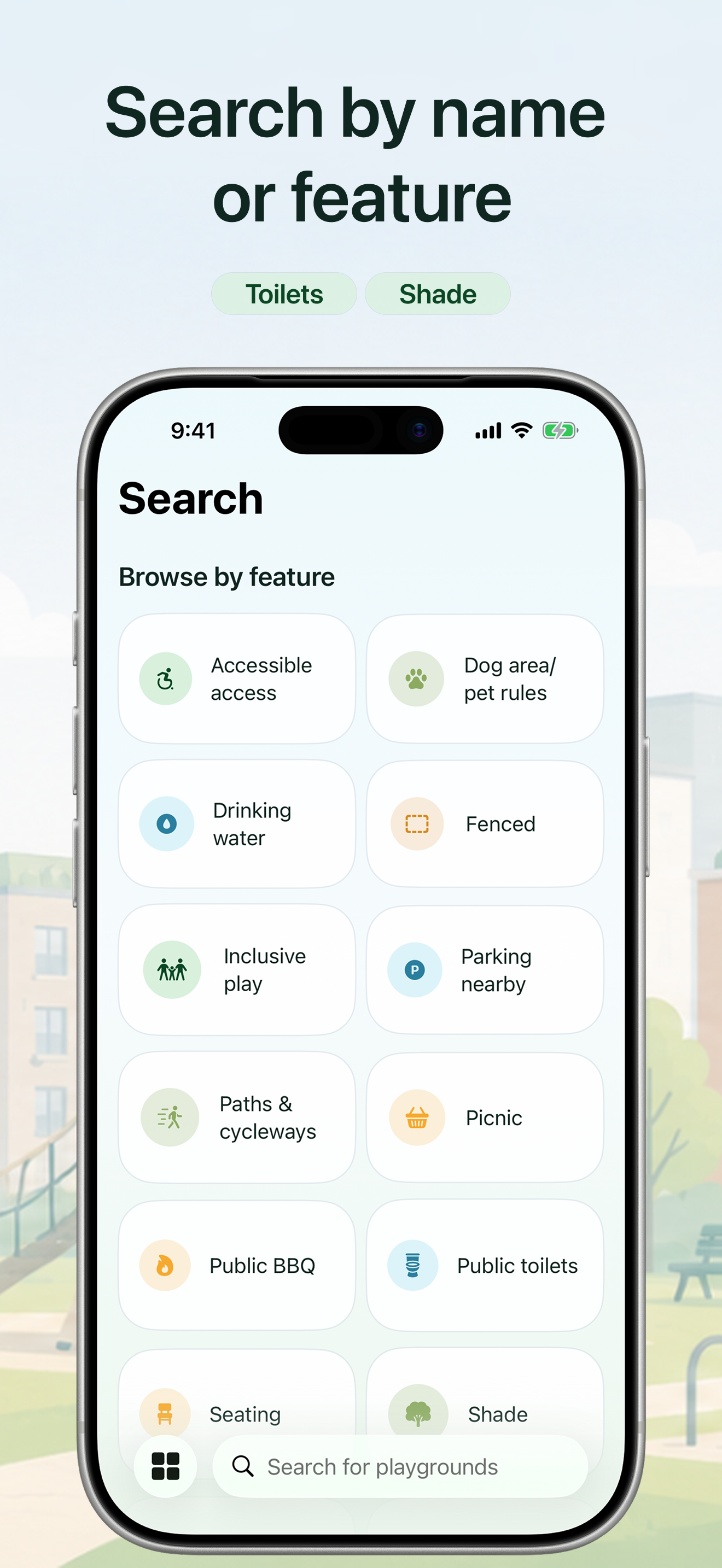 Search screen for browsing playgrounds by practical features
