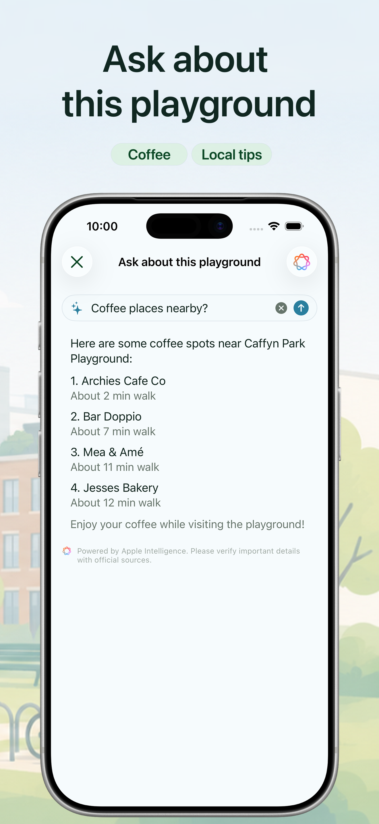 Playground Assistant screen answering a question about nearby coffee